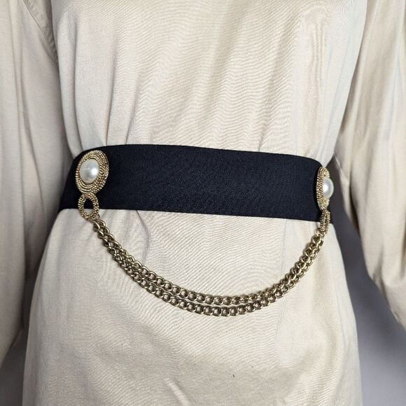 Women's black belt with pearls and chains 80s style - Picture 2 of 7